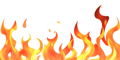 Fiery flames on a white background with a warm, orange and yellow blaze symbolizing heat and danger