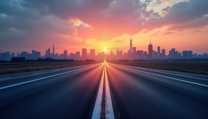 Obraz premium Empty highway road leads to city skyline at sunrise. Road stretches far ahead. Buildings silhouettes against colorful sky. Sunrise paints sky vibrant colors. Urban landscape shows progress. Road to