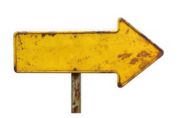 Rusty yellow road sign arrow pointing left isolated on transparent or white background, png 
