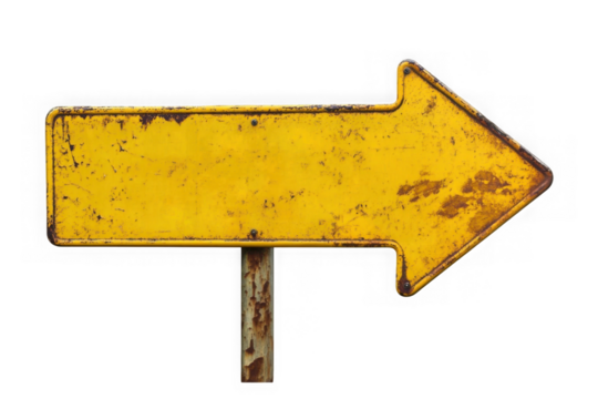 Rusty yellow road sign arrow pointing left isolated on transparent or white background, png  - Powered by Adobe