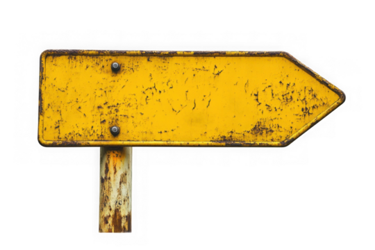 Rusty yellow road sign arrow pointing left isolated on transparent or white background, png 