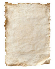 Aged parchment paper with rough, torn edges, showcasing a vintage and worn appearance. Ideal for antique-themed projects, crafts, or historical documents. Isolated on transparent background, png.