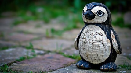 Fototapeta premium Hand-carved wooden penguin figurine outdoors on a stone path.