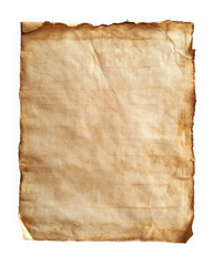Aged parchment paper with rough, torn edges, showcasing a vintage and worn appearance. Ideal for antique-themed projects, crafts, or historical documents. Isolated on transparent background, png.