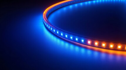 Vibrant glowing neon arcs of blue and orange light illuminating a deep dark blue background