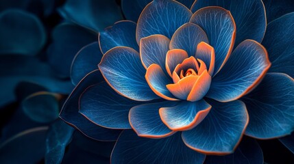 Radiant glowing arcs of neon blue and orange light, forming dynamic patterns on a sleek dark blue canvas