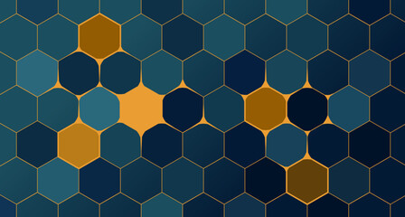 Abstract geometric honeycomb hexagonal wall pattern tiles, elegant dark shades of blue background with golden stroke, outline, connected molecular structure in biotechnology, genetic science