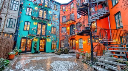 Fototapeta premium Colorful courtyard buildings, winter snow, festive lights, urban scene, holiday postcard