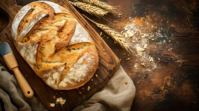 Freshly baked artisan bread on rustic wooden board with wheat and flour dust