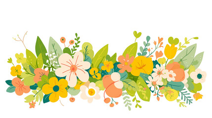 floral illustration of blooming spring flowers with vibrant green leaves for seasonal design and decoration isolated transparent background