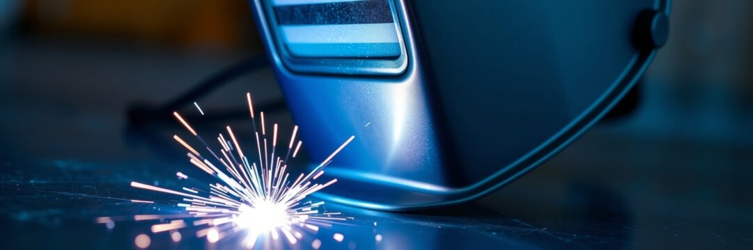 Welding helmet with sparks flying, showcasing a dynamic and energetic atmosphere, representing the craft of metalworking in an industrial setting