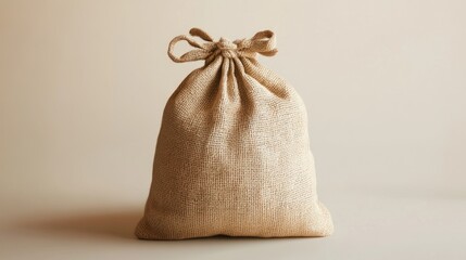 Tied burlap sack, studio shot, beige background, product mockup