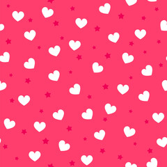 Cute hearts seamless pattern. Vector white heart and red star print on pink gradient background. Romantic Valentines Day backdrop texture for decoration, greeting, wedding design, wallpaper, textile.