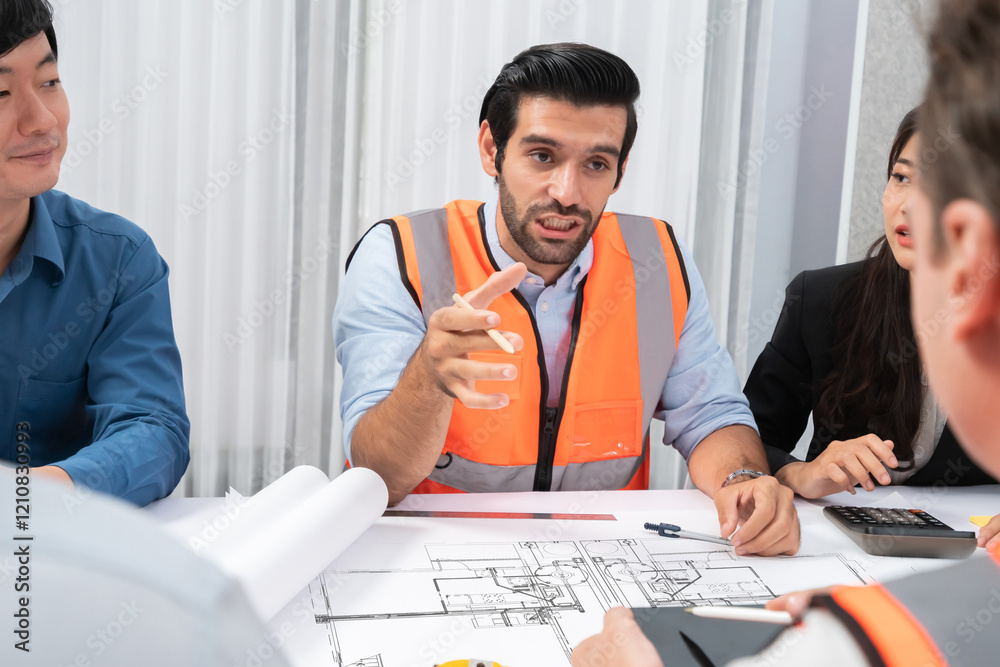 Poster diverse group of civil engineer and client working together on architectural project, reviewing cons