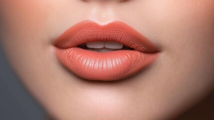 Fototapeta premium Close-up of a young woman's lips with smooth coral lipstick
