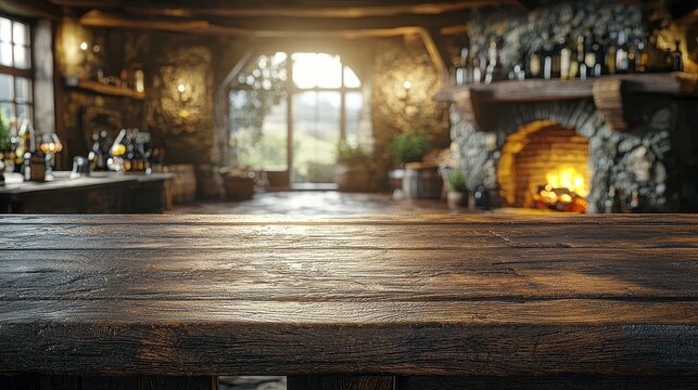 Rustic wooden table in a cozy tavern with a fireplace and large window.