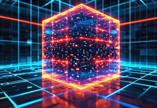 Led Light. Abstract effect. Future tech. Glare cubes. Digital cpu signal. .Shine grid. Modern big data. Neon flare. Quantum computer net system. .Magic code. Grid HUD lines. Web device. Blocks system