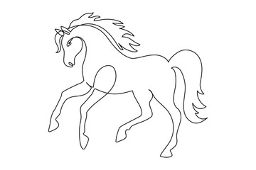 Horse in one continuous line drawing. Beautiful mustang in simple linear style. Wild animal symbol of speed and powerful in editable stroke. Doodle outline vector illustration