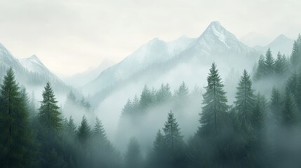 forest in the mountains shrouded in morning fog