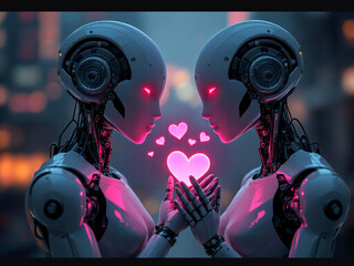 Fototapeta premium Two robots holding hands with pink hearts and neon lights in the background