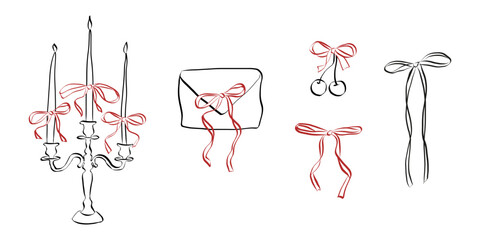 Hand drawn line art of coquette aesthetics elements. Vintage candle with ribbon and bow in simple crayon and sketch style. Symbols for Valentine day and invitations. Doodle vector illustration