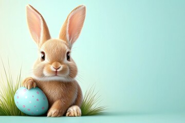 Rabbit is holding an Easter egg in its paws