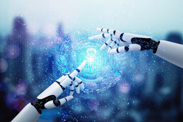 "A futuristic setting representing the harmony between humans and machines. A hand interacting with a digital interface, surrounded by floating complex algorithms, data streams