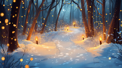 Whispering woods with snow and twinkling lights , snowy woods, forest path. Whispering Woods. Illustration
