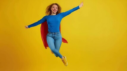 Joyful woman in superhero pose jumping with red cape on vibrant yellow background