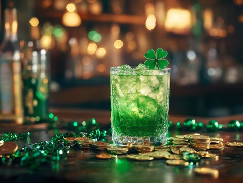 A vibrant green cocktail in a crystal glass, adorned with a shamrock, surrounded by gold coins and festive decorations.
