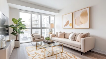 Modern living room with beige sofa, large windows, and stylish decor. Perfect for relaxation and entertaining.