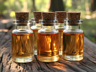 Amber glass essential oil bottle with fresh green leaves and burning candle