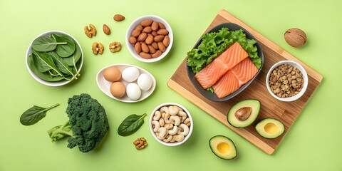 Naklejka premium Flat lay composition of various healthy food items on a bright lime green background. Assorted fresh produce, nuts, and proteins arranged in an organized, symmetrical pattern. Salmon fillet, kale, spi