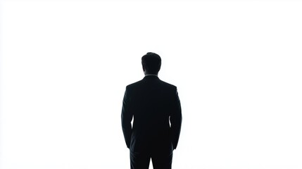 Silhouette of a businessman standing with his back to the camera against a bright white background. 