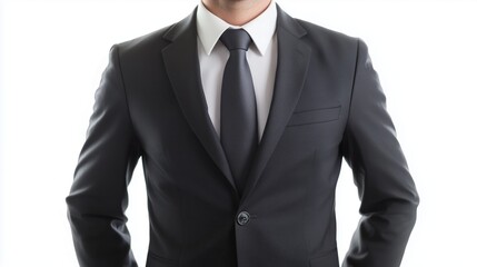 Close-up of a person wearing a dark suit and tie. Professional attire, suitable for business or corporate settings.