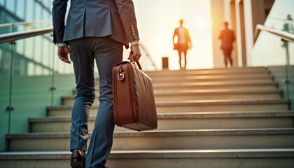 Businessman in suit rushes up modern city stairs carrying briefcase. Busy morning rush hour. Urban setting. Success and career concept. Pro person. Confident and focused. Modern lifestyle.