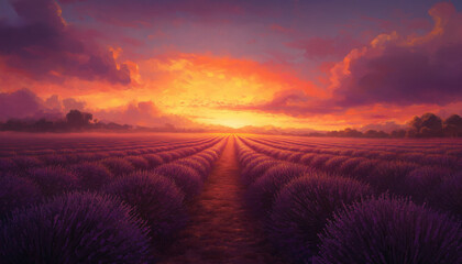 Fototapeta premium Lavendelfeld bei Sonnenuntergang mit strahlenden Farben