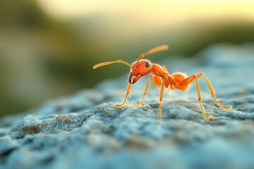 closeup view of a vivid red ant crawling over a textured rock surface showcasing intricate details and the natural environment in sharp focus