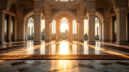 Obraz premium Gorgeous Morning Sunlight in Grand Mosque Hall with Intricate Archways : Generative AI