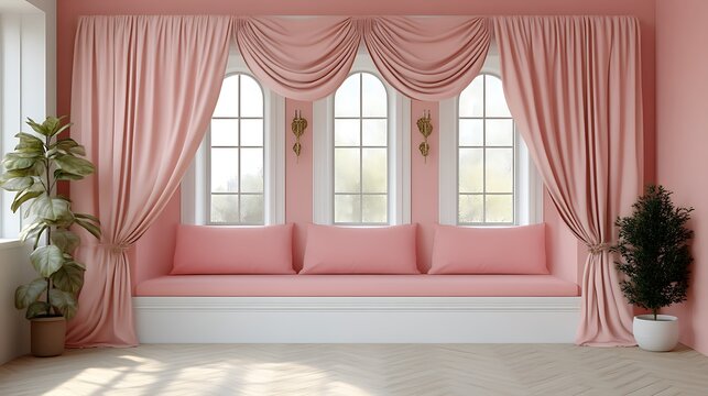 Pink window seat with draped curtains and plants
