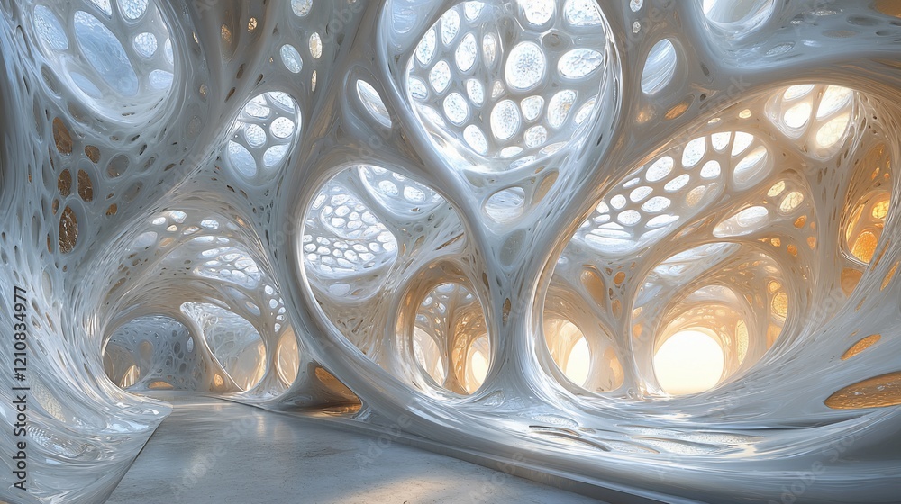 Poster abstract organic architecture interior, futuristic design, white structure with light.