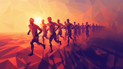 Fototapeta premium Group of people running, low poly vector illustration. Keyword geometric runner.