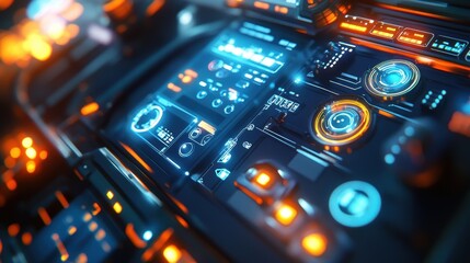 Complex technological control panel displaying various interactive elements, glowing lights, buttons and screens, creating a futuristic and high tech atmosphere