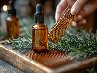 Tea Tree Oil Bottle with Comb, Scalp and Hair Care Concept