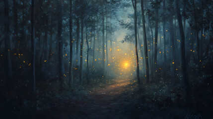 Obraz premium A dark, misty forest with a lone firefly radiating a warm, golden light, guiding through the silent woods while other fireflies stay hidden. Whispering Woods. Illustration