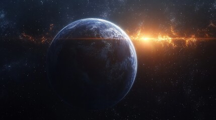 Fototapeta premium View of a distant planet against a glowing cosmic background during a stellar event