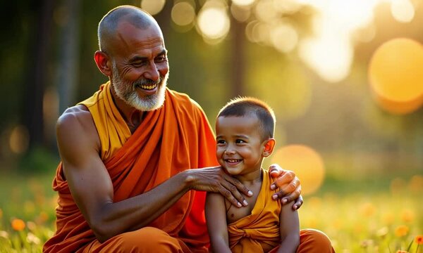 A monk interacting with children, symbolizing guidance, learning, and compassion