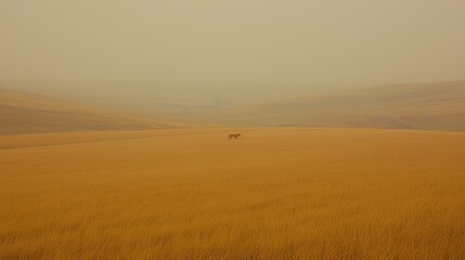 Obraz premium Lone horse in hazy field, rolling hills background; nature photography