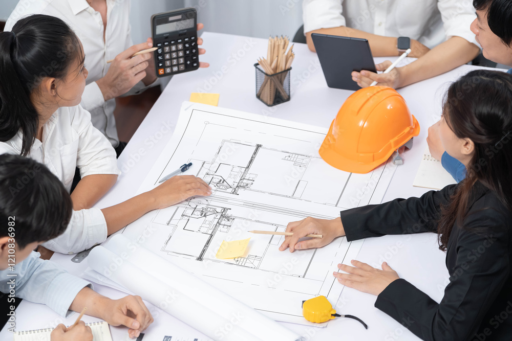 Aufkleber diverse group of civil engineer and client working together on architectural project, reviewing cons