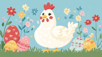 flat illustration Easter greeting card with cute hen and eggs